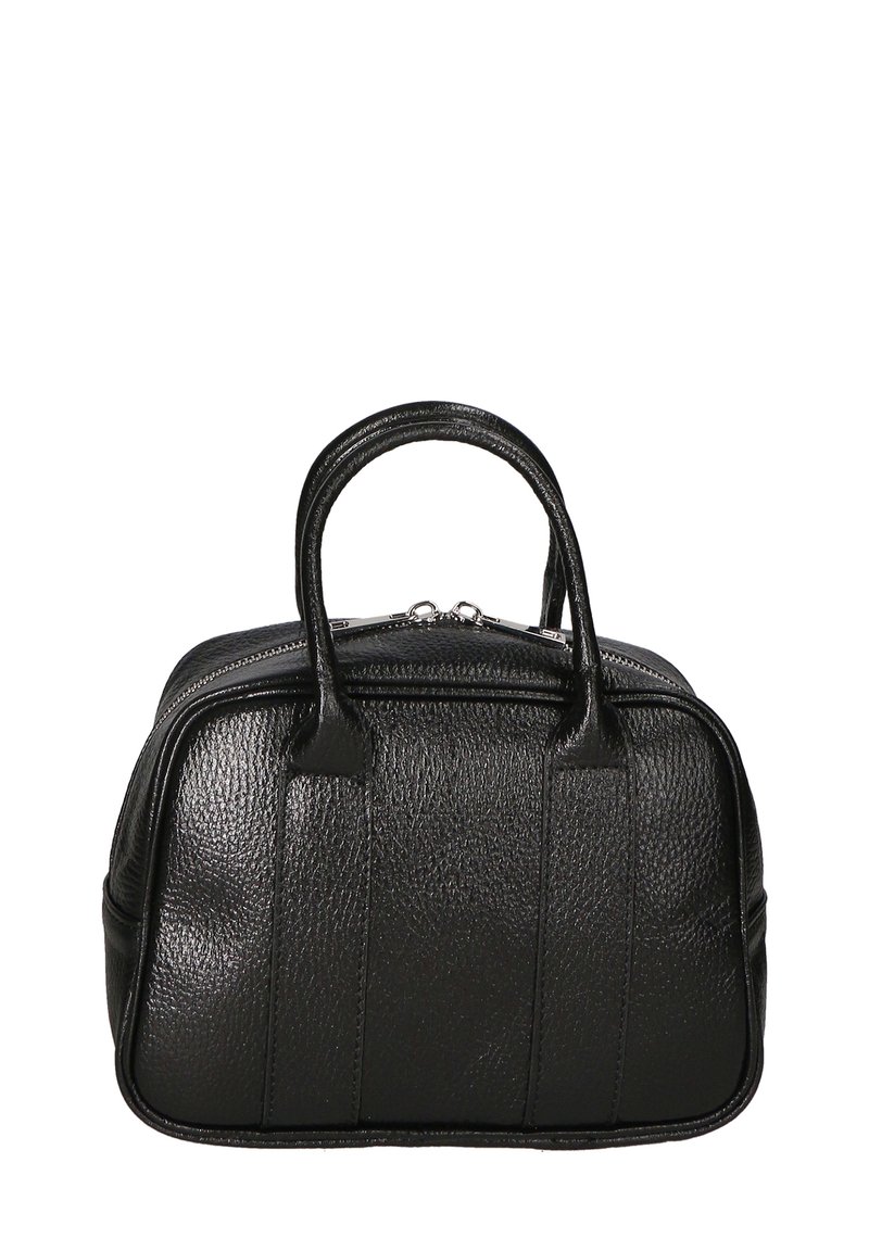 Borsa in pelle nera con superficie texturizzata, parte superiore arrotondata, manici doppi e chiusura con zip. Presenta linee di cucitura sottili e una base rettangolare.