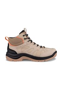 Scarpe da trekking beige con suole in gomma nera, colletto in rete e dettagli arancioni. Presentano una parte superiore caratterizzata e un sistema di allacciatura standard. Design impermeabile.