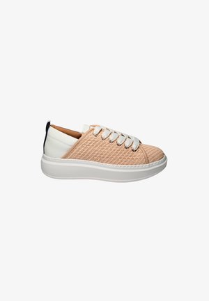 Beige woven fabric sneaker with white leather accents and laces. Rounded white sole with subtle texture. Blue pull tab at heel.