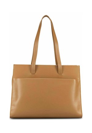 Borsa tote in pelle cuoio con due manici lunghi e una tasca frontale liscia, forma rettangolare, dettagli di cuciture minimi.