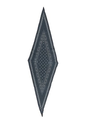 Dark blue diamond-shaped scarf with white paisley and floral patterns arranged symmetrically along edges and center.