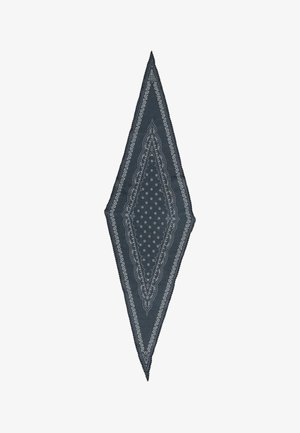 Ciemnoniebieska chusta w kształcie diamentu z białymi wzorami paisley i kwiatowymi, symetrycznie rozmieszczonymi wzdłuż krawędzi i środka.