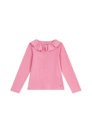 Rosa Langarmhemd mit Rüschenkragen und weißer Einfassung, für Kinder entworfen.