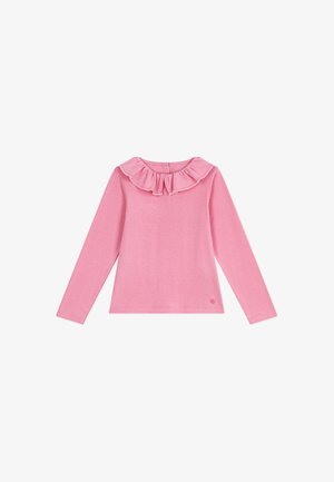 Rosa Langarmhemd mit Rüschenkragen und weißer Einfassung, für Kinder entworfen.