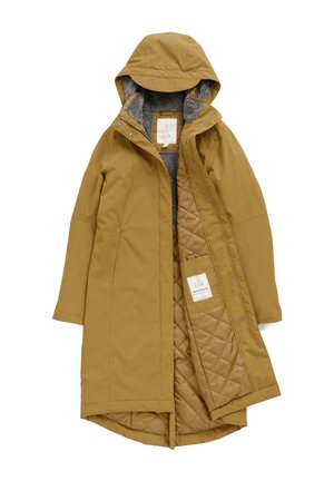 Yellow waterproof coat with a hood, quilted gray lining, snap closures, side pockets, and a label indicating waterproof material.