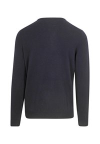 Marineblauer langärmeliger Pullover mit runder Ausschnitt, weichem Material, figurschmeichelndem Design und geripptem Saum. Die Rückansicht zeigt klare, minimalistische Linien.