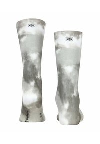 Skarpetki do kolan w szaro-białym wzorze tie-dye, wykonane z miękkiego, elastycznego materiału z wzmocnionymi sekcjami palców i pięt.