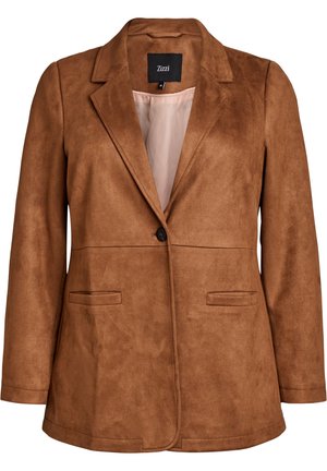 Brun ruskindblazer med hakket krave, enkelt knaplukning, to forlommer og en glat foring. Klassisk skræddersyet design.