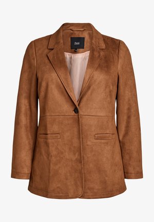 Bruine suède blazer met een gelabelde kraag, sluiting met één knoop, twee voorzakken en een gladde voering. Klassiek getailleerd ontwerp.
