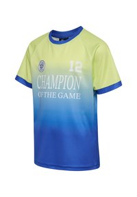 Kortärmad tröja i gradientgrön till blå, med vit text "CHAMPION OF THE GAME" och nummer "12." Lättvikts, glänsande tyg.
