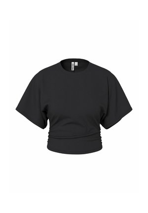 T-shirt noir court avec manches larges et encolure ronde, tissu légèrement froncé à la taille, présenté sur fond blanc.