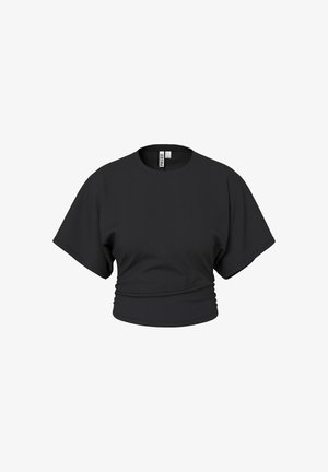 T-shirt noir court avec manches larges et encolure ronde, tissu légèrement froncé à la taille, présenté sur fond blanc.