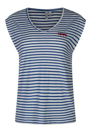 T-shirt blanc sans manches avec des rayures horizontales bleues et un petit texte rouge "LOVE" sur le haut gauche de la poitrine.