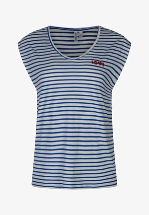 T-shirt blanc sans manches avec des rayures horizontales bleues et un petit texte rouge "LOVE" sur le haut gauche de la poitrine.