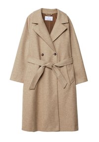 Beżowy płaszcz z wełny z podwójnym zapięciem, dużymi klapami, bocznymi kieszeniami i związanym paskiem w talii. Strukturalny, sięgający do kolan styl.