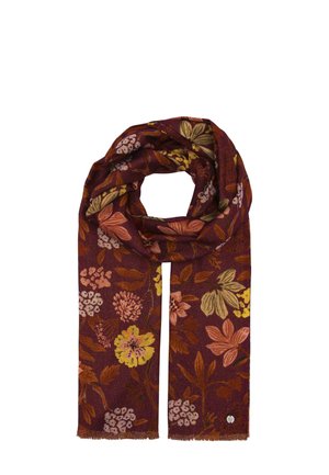 Long rectangular scarf with autumn floral pattern in shades of purple, brown, yellow, and pink on a dark purple background.