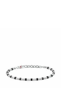 Bracciale in tono argento con perline nere e argento alternate, dotato di chiusura a gancio e catena di estensione. Texture liscia, design classico.