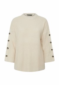 Sweter w kolorze kremowym, dziany, z okrągłym dekoltem, rękawami 3/4 oraz guzikami na wykończeniach rękawów. Teksturowana tkanina.