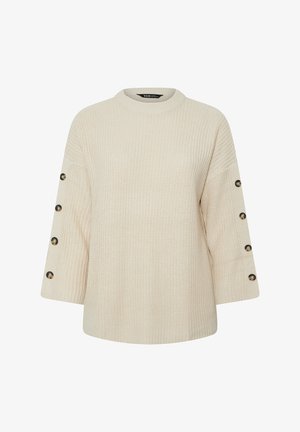 Crème-kleurige gebreide trui met een ronde hals, driekwartmouwen en knoopaccenten langs de manchetten. Gestructureerde stof.