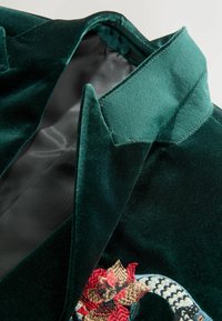 Green velvet blazer collar with embroidered floral and serpent design. Smooth texture; interior features a gray lining.