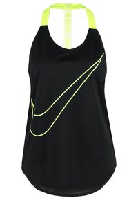 Zwarte sportieve tanktop met een racerback ontwerp, voorzien van een groot neongele Nike-logo en een contrasterende neonband achteraan.