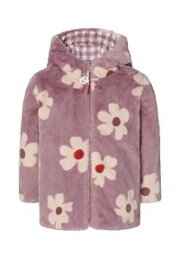 Fleece jas in lila met een bloemenpatroon. Beschikt over een capuchon, voorkant met ritssluiting en een geblokte binnenvoering. Zachte textuur met decoratieve accenten.