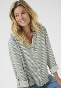 Camicia a righe con colletto, caratterizzata da un fit rilassato, maniche lunghe e polsini arrotolabili. I colori includono verde pallido e crema. Tessuto leggero.
