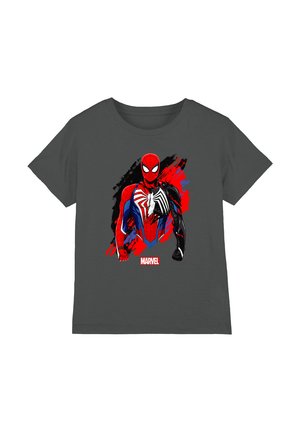 Gray cotton t-shirt featuring a red and black Spider-Man graphic, with blue and red accents and "MARVEL" logo at the bottom.