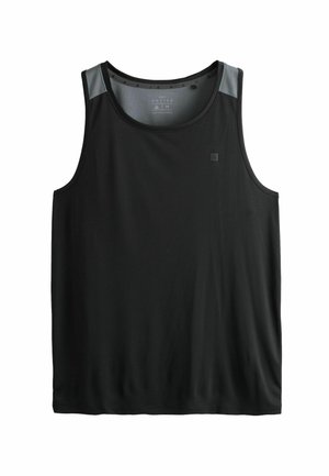 Schwarzes ärmelloses sportliches Tanktop mit grauen Netz-Einsätzen auf den Schultern, Rundhalsausschnitt und kleinem Logo auf der Brust.