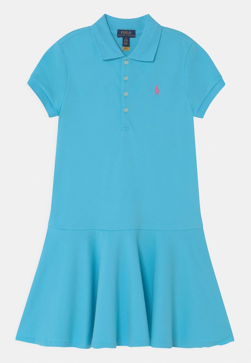 Polomekko kirkkaassa sinisessä puuvillassa, jossa istuva yläosa, lyhyet hihat ja levenevä helma. Siinä on napillinen etulista ja pieni logodetaili.