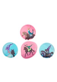 Four circular silicone coasters feature colorful equestrian illustrations. Two are pink, showing a rider and a horse; two are light blue, with dynamic poses.