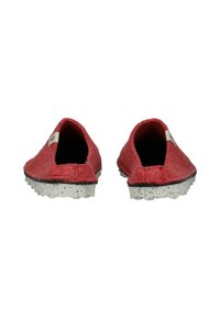 Røde filt slip-on sko med lav skæring, hvid tekstureret gummisål og sort kant. Har et åbent bagdesign for nem påtagning.