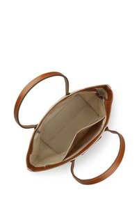 Borsa tote in pelle marrone chiaro con due manici, dotata di un interno in tessuto beige chiaro, una tasca con zip e un compartimento principale aperto.