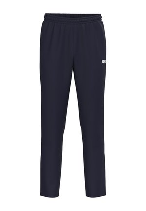 Marineblå sportbukser med elastisk talje og hvidt JAKO-logo på det øverste højre lår.