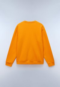 Felpa arancione, colletto rotondo, maniche lunghe. Texture liscia, polsini e orlo a coste. Vista posteriore, colore uniforme senza motivi o decorazioni.