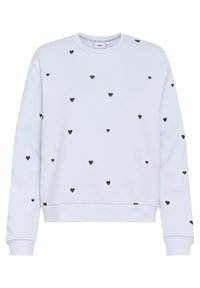 Felpa azzurra chiara realizzata in tessuto morbido, con motivi a cuore neri distribuiti uniformemente sulla superficie. Collo tondo classico e polsini a costine.