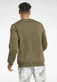 Olivově zelená mikina s dlouhými rukávy a žebrovanými manžetami, plochý výstřih, hladká textura, kombinovaná s vzorovanými světle šedými kalhotami.