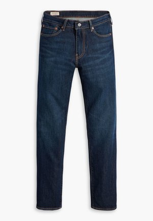 Jeans in denim blu scuro con taglio dritto, caratterizzati da cuciture arancioni a contrasto, cinque tasche e chiusura con bottone frontale.