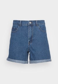 Džínové kraťasy ve středně modré barvě se rovný řezem, ohrnutými nohavicemi a pěti kapsami, s předním zapínáním na knoflík a zip.