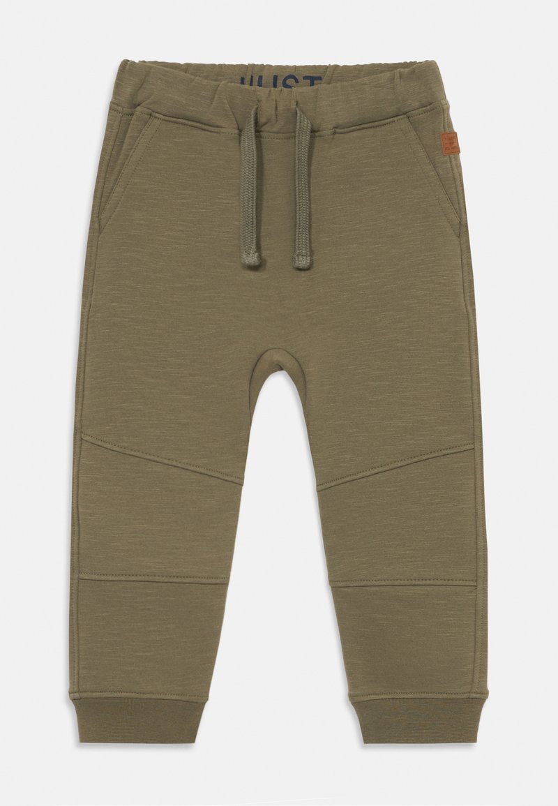Olive green sweatpants with a drawstring waistband, side pockets, and panel detailing on the legs, displayed against a white background.