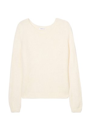 Cremfarbener Strickpullover mit langen Ärmeln, Rundhalsausschnitt und geripptem Saum. Weiche Textur, schlichtes Design und keine Muster oder Akzente.