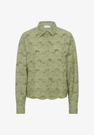Jasnozielona koszula z długim rękawem, ozdobiona haftem kwiatowym, z zapięciem na guziki i falbaniastym wykończeniem. Miękka tkanina o teksturowanym wykończeniu, z dekoracyjnymi wzorami.