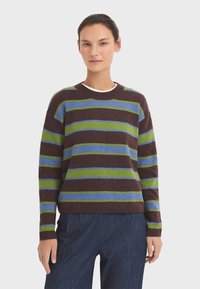 Pull à rayures en marron foncé, vert et bleu. Col rond, manches longues et poignets côtelés. Tissu doux et texturé. Assorti à un pantalon bleu foncé.