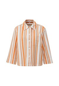 Gestreepte blouse in oranje, beige en blauwe kleuren. Gemaakt van lichtgewicht stof, met een knoopsluiting aan de voorkant, kraag en één borstzak.