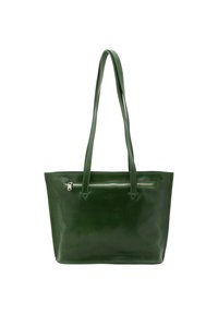 Borsa tote in pelle verde con due lunghe maniglie, design minimalista, texture liscia e una tasca con zip frontale. Presenta dettagli in metallo argentato.