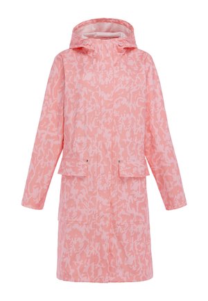 Lange roze regenjas met patroon, capuchon, knopen aan de voorkant, twee klepzakken en lange mouwen.