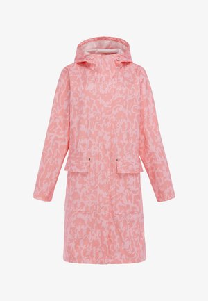 Langer rosa gemusterter Regenmantel mit Kapuze, vorderen Knöpfen, zwei Klapptaschen und langen Ärmeln.