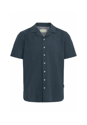 Chemise à manches courtes en tissu bleu foncé, dotée d'un col classique, de cinq boutons sur le devant et d'une ourlet droit.