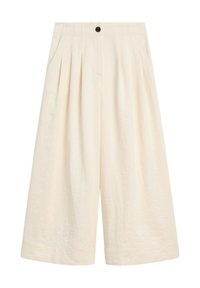 High-waist wide-leg cream shorts with front pleats, side pockets, button closure, and a smooth fabric texture.