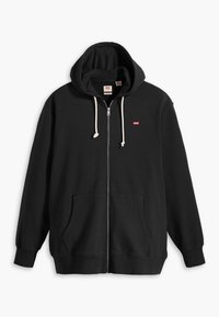 Zwarte rits hoodie van katoen met een gevoerde capuchon, twee voorzakken, witte trekkoorden en een klein rood logo op de borst.